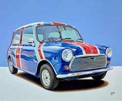1965 Union Jack Austin Mini by Roz Wilson - Varnished Original Painting on Stretched Canvas sized 36x30 inches. Available from Whitewall Galleries